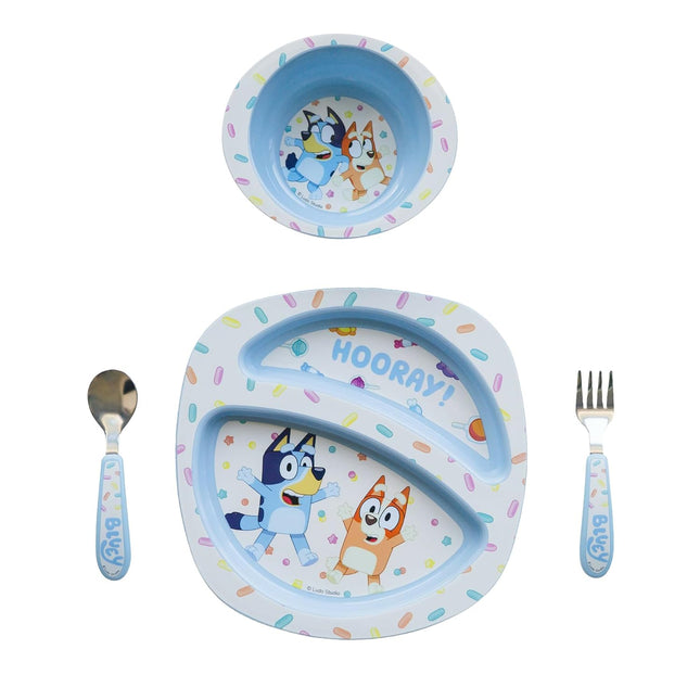 Bluey 4-Piece Place Setting - BPA Free Dishwasher Safe Toddler Dinnerware Set with Divided Plate, Bowl, Fork, Spoon - Multicolor