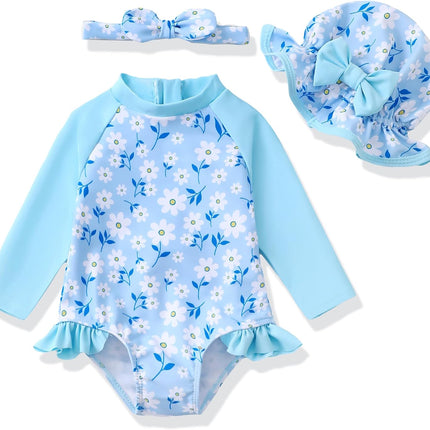 Baby Girl Swimsuit Long Sleeve One-Piece Swimwear with Hat Rash Guard Ruffle Floral Zipper Beach Infant Bathing Suit