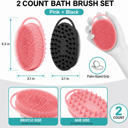 2 Pack Silicone Body Scrubber, Loofah Double-Sided Body Brush,Shower Scrubber and Scalp Massager Shampoo Brush for Sensitive Kids Women Men All Kinds of Skin (Black & Pink)