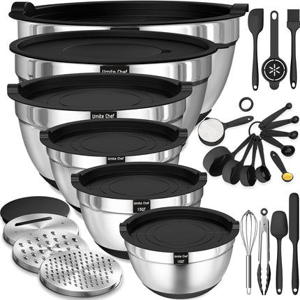 Mixing Bowls with Airtight Lids Set, 26PCS Stainless Steel Khaki Bowls with Grater Attachments, Non-Slip Bottoms & Kitchen Gadgets Set, Size 7, 4, 2.5, 2.0,1.5, 1QT, Great for Mixing & Serving