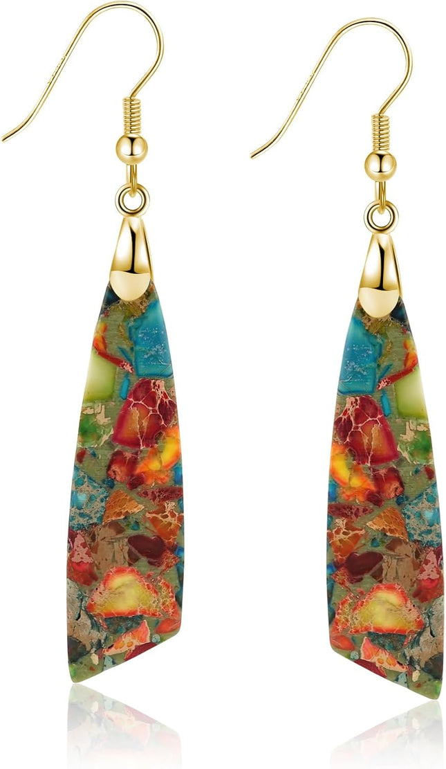 Natural Healing Stone Fishhoop Dangle Drop Earrings Statement Gold Silver Earrings
