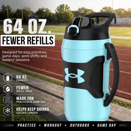 Insulated Water Bottle with Handle & Fence Hook, Half Gallon Sports Water Jug, Leak-Resistant & Bpa-Free for Baseball, Football & Gym - Breeze Blue/Black, 64Oz
