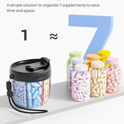 Cute Pill Dispenser with 7 Large Compartments, Portable Pill Bottle Organizer with Wide Opening for Easy Use, Anti-Mix Pill Organizer for Travel, Bpa-Free Pill Container, Black