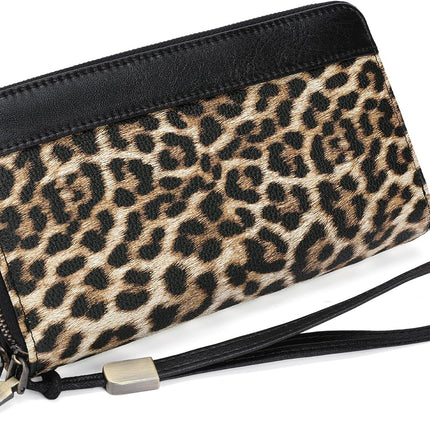 Women'S Wallet Large Capacity Double Zip Ladies Card Phone Holder RFID Blocking Wristlet Leather