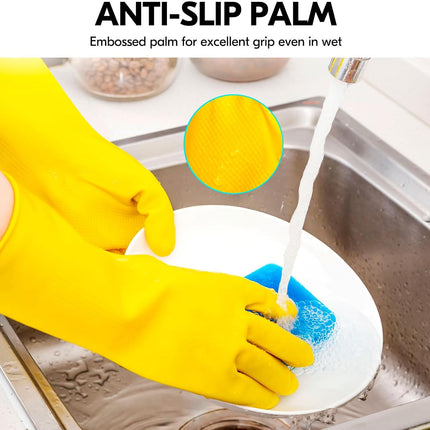 3-Pairs Reusable Household Gloves, Rubber Dishwashing Gloves, Extra Thickness, Long Sleeves, Kitchen Cleaning, Working, Painting, Gardening, Pet Care (Size L, Yellow, HH4601)