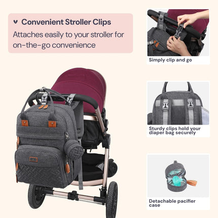 Diaper Bag Backpack - Baby Essentials Travel Tote - Multi Function Water Resistant Diaper Bag, Travel Essentials Baby Bag with Changing Pad, Stroller Straps & Pacifier Case - Dark Gray