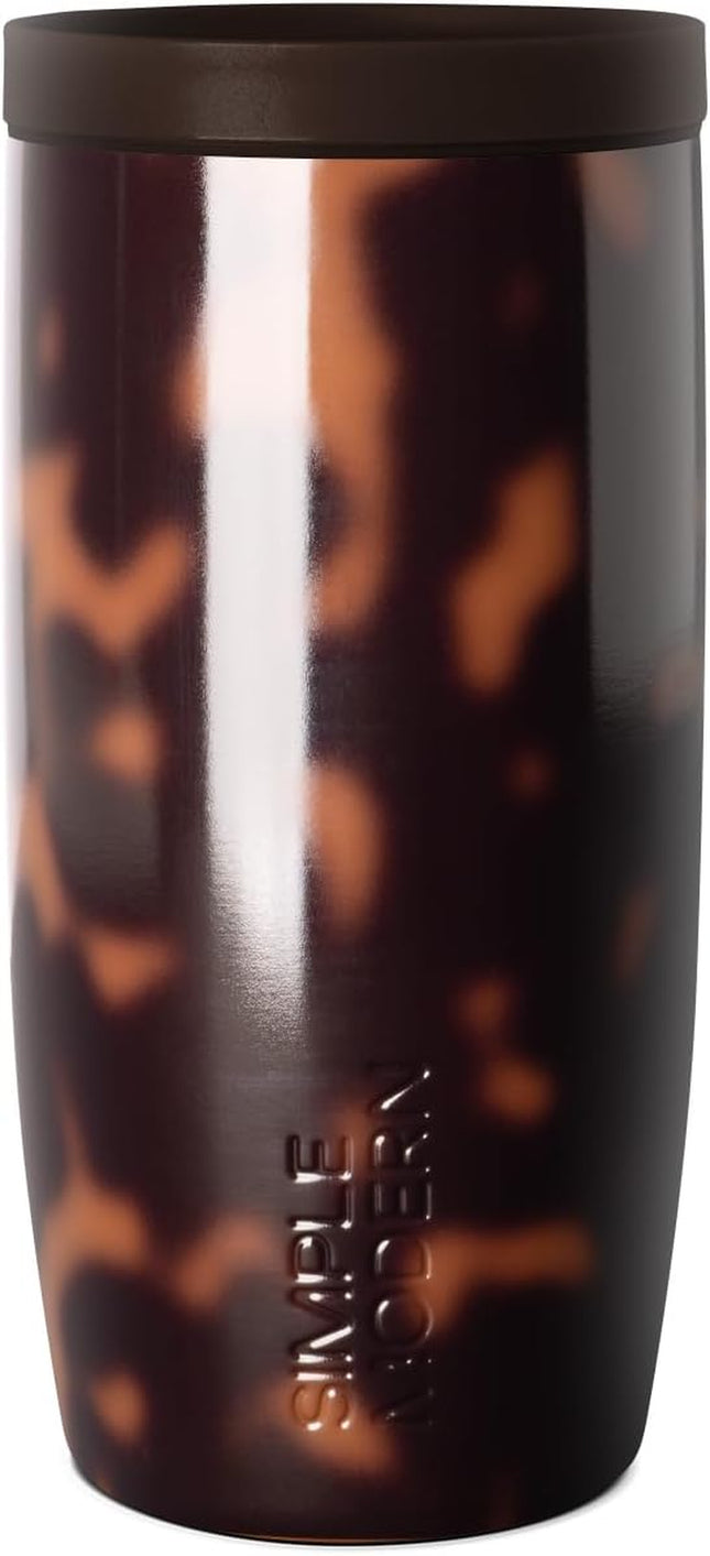 Travel Coffee Mug Tumbler with 360° Lid | Ceramic-Lined Insulated Stainless Steel Cold Brew Iced Coffee Cup | Gift for Women Men Her Him | Voyager Signature | 16Oz | Tortoise
