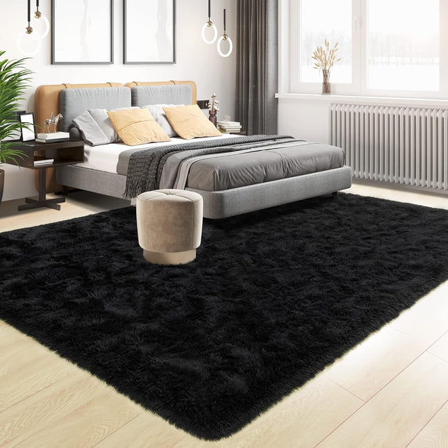 Super Soft Fluffy Rug for Bedroom, Modern Shaggy Fuzzy Kids Rugs for Living Room, Plush Indoor Nursery Home Decor Dorm Carpet with Non-Slip Bottom, Black, 4 X 6 Feet