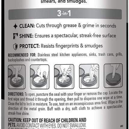 Stainless Steel Cleaner, 30 Count Wipes, Anti-Fingerprint, Removes Grease, Water Spots, Streaks & Residue, Polishing Cleaner Safe for Appliances, Chrome, Sinks & Grill Exteriors