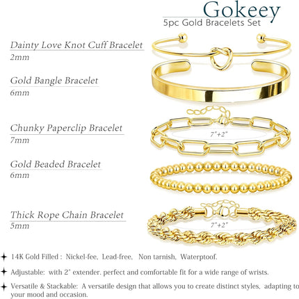 Gold Bracelets Set for Women Non Tarnish, Waterproof 14K Gold Plated Sterling Silver Chunky Cuff Bracelet Stackable Gold Bangles Bracelet for Women Trendy Fashion Accessories Tie Knot Cuban Rope Paperclip Beaded Bracelet Stack Jewelry Mothers Day Gifts for Mom Birthday