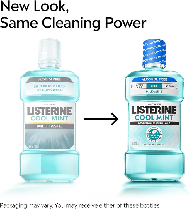 Listerine Cool Mint Alcohol-Free Mild Mouthwash, Oral Rinse Kills 99.9% of Germs That Cause Bad Breath, Less Intense Taste, Mild Mint Flavor, 1 L