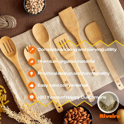Bamboo Cooking Spoons 6-Piece – Wooden Cooking Utensils Set with Wooden Spoons for Cooking & Spatulas Wooden Utensil Sets – Premium Kitchen Utensils Set – Durable First Apartment Essentials
