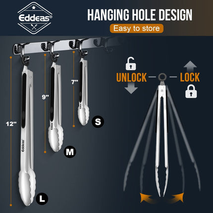 Tongs for Cooking - Heat Resistant 600 Degrees Stainless Steel Kitchen Tong,Heavy Duty Metal Locking Tongs - Perfect for Food,Salad and BBQ Set of 3 (7",9" and 12") Dishwasher