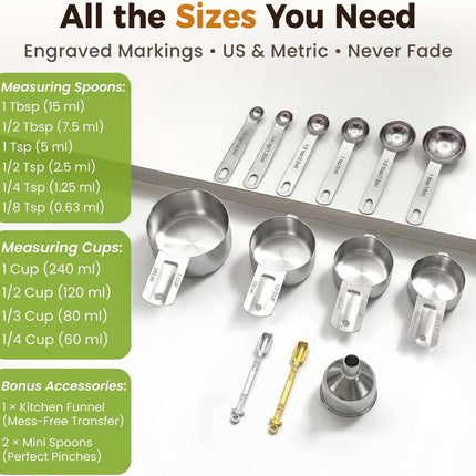 13PCS Measuring Cups and Spoons Set, Premium Heavy Duty Steel Measuring Spoons Cups Set with Metric and US Measurements, Set for Measuring Dry and Liquid Ingredients