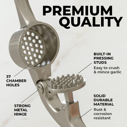 Premium Garlic Press Set - Rust Proof Professional Garlic Mincer Tool - Easy-Squeeze, Easy-Clean with Soft, Ergonomic Handle - Silicone Garlic Peeler & Brush (Silver)