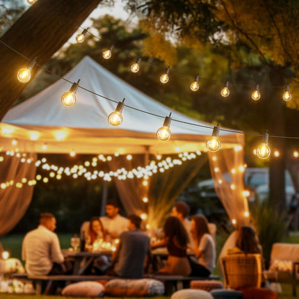 Outdoor String Lights 29 Feet G40 LED Patio Lights, Plug-In, 13 Plastic Edison Bulbs(1 Spare), Waterproof Connectable Hanging Light for Backyard Porch Balcony Party Decor, E12 Base, Black