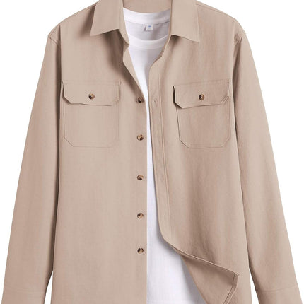 Men'S Long Sleeve Button up Shirt Jacket with Flap Pockets