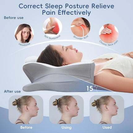Cervical Neck Pillow, Ergonomic Memory Foam Pillow for Neck Pain Relief with Dual-Height Design, Breathable Cover, Neck Support for Side Back & Stomach Sleepers, Odorless White 1 Pcs