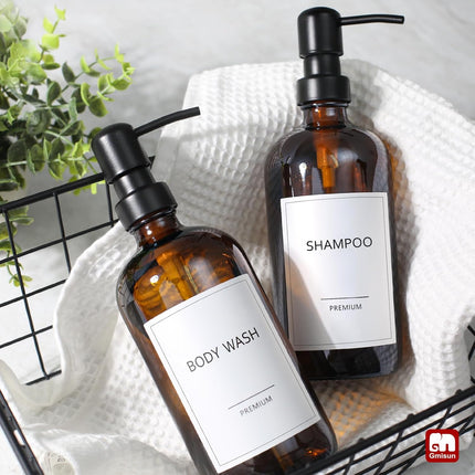 Amber Glass Soap Dispenser, 2 Pack Bathroom Hand Soap Dispensers with Stainless Steel Pump, 17 Fl Oz Kitchen Hand and Dish Soap Dispenser Set, Modern Vintage Liquid Brown Soap Dispensers Bottle