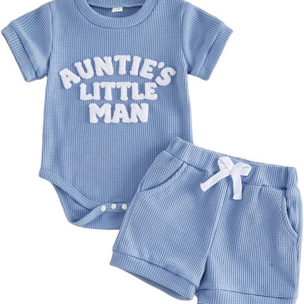 Aunties Little Homie Baby Clothes Newborn Boy Short Sleeve Letter Romper and Waffle Shorts Sets 2Pcs Summer Outfit