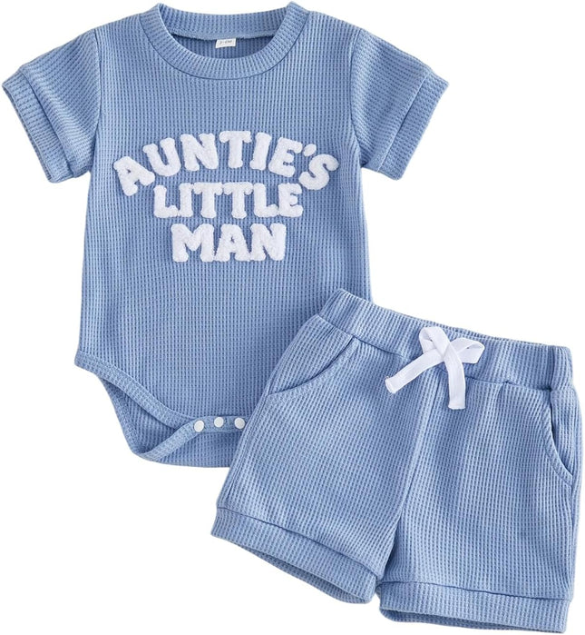 Aunties Little Homie Baby Clothes Newborn Boy Short Sleeve Letter Romper and Waffle Shorts Sets 2Pcs Summer Outfit