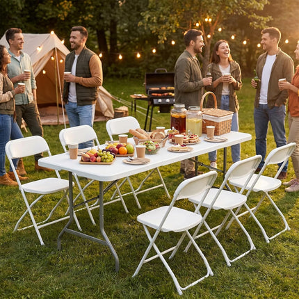 6 FT Folding Picnic Table Easy to Fold and Store, Foldable Table for Camping Picnic Dining Party Kitchen Outdoor Indoor with Carrying Handle