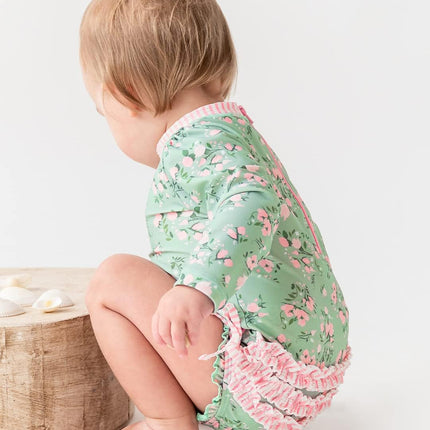 Baby Girls UPF 50+ Sun Protection Floral Printed Long Sleeve One Piece Rash Guard Swimsuit with Zipper