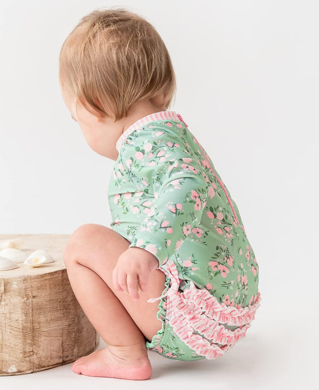 Baby Girls UPF 50+ Sun Protection Floral Printed Long Sleeve One Piece Rash Guard Swimsuit with Zipper