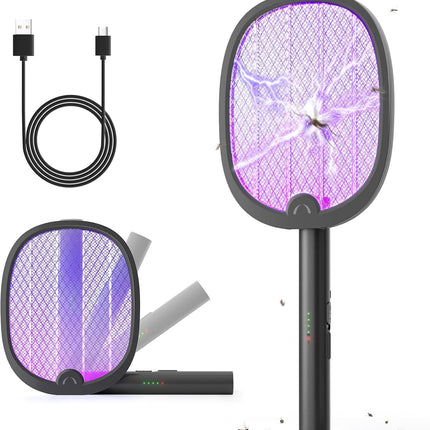Electric Fly Swatter Foldable Bug Zapper Racket 2 in 1 Mosquito Killer with Purple Attractant Light Rechargeable 1800Mah for Indoor Home Backyard Patio Camping