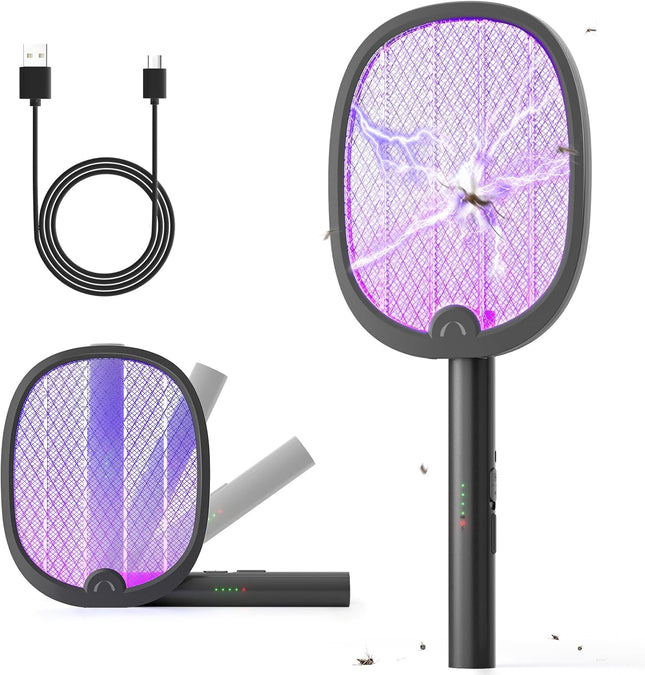 Electric Fly Swatter Foldable Bug Zapper Racket 2 in 1 Mosquito Killer with Purple Attractant Light Rechargeable 1800Mah for Indoor Home Backyard Patio Camping