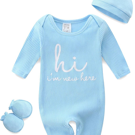 Baby Romper with Baby Mittens & Newborn Hats Footless Long Sleeve Solid Onesie Hi Im New Here