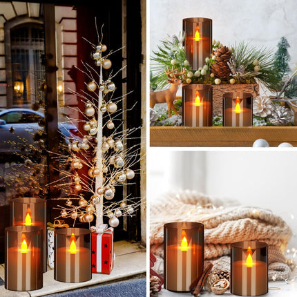 Flameless Candles 4" 5" 6" Acrylic Glass Pillars 3" Diameter Battery Operated Flickering Candles Include 8-Key Remote with Timer Function 400+ Hours (Gray, Warm Light 3 Pack)
