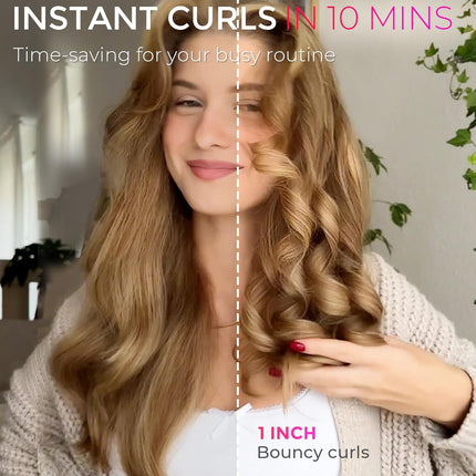 Automatic Rotating Curling Iron -  CURLPRO Beach Waves Curling Wand, Portable Hair Curler, 500 Million Ionic, Dual Voltage & Lightweight for Travel, Ceramic Coating, 1 Inch, Pink