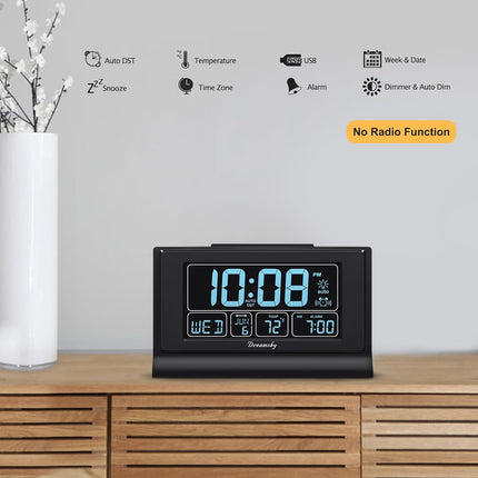Alarm Clocks for Bedrooms with Battery Backup, Auto Set | Digital Clock with Date & Day of Week, 5 Inch Large Display, Weekday, Temperature, USB Port, Auto DST, Brightness Dimmer