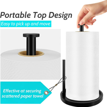Paper Towel Holder Countertop, Standing Paper Roll Holder with anti Slip Weighted Base, Stainless Steel Freestanding Paper Towel Holder for Kitchen, Black