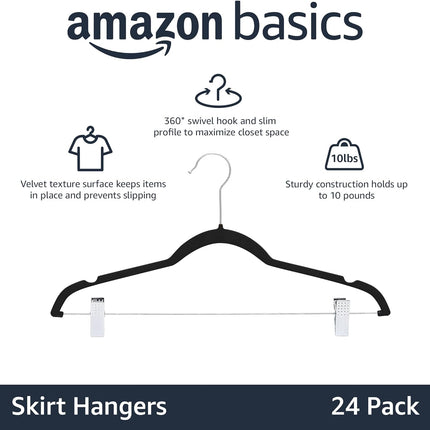 Velvet Non-Slip Skirt Clothes Hangers with Clips, 360 Degree Rotatable Hook, Organize Pants and Skirts, Black/Silver, 24-Pack