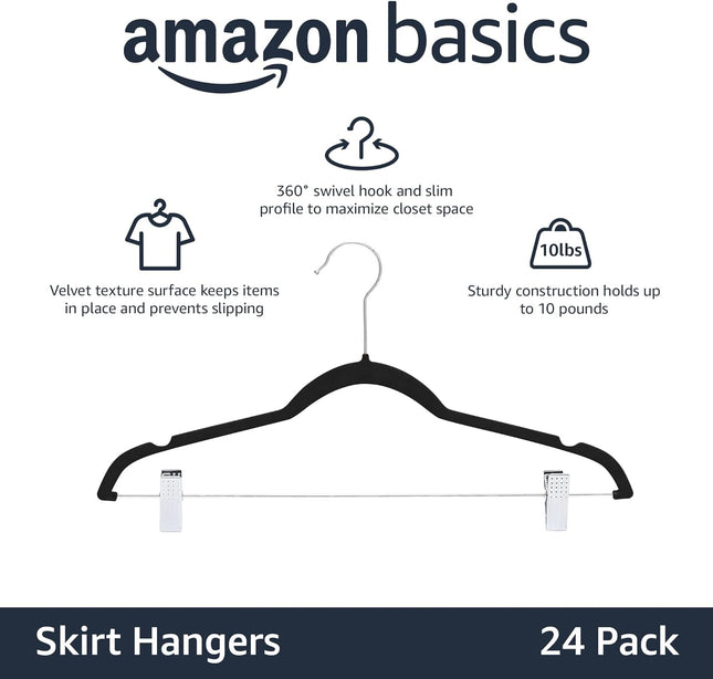 Velvet Non-Slip Skirt Clothes Hangers with Clips, 360 Degree Rotatable Hook, Organize Pants and Skirts, Black/Silver, 24-Pack