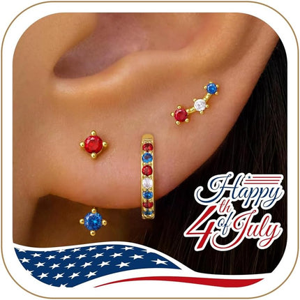 3 Pairs Dainty Small 4Th of July Earrings for Women Trendy, Birthstone Stud Huggie Hoop Jacket Stack for Cartilage Helix, Gold Plated Hypoallergenic Cute Women Fashion Accessories Western Jewelry Gifts