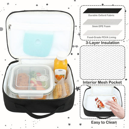 Kids Lunch Box Insulated Soft Bag Mini Cooler Back to School Thermal Meal Tote Kit for Girls, Boys, Black