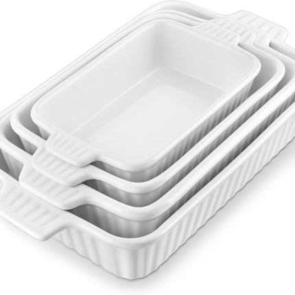 Ceramic Casserole Dish Set of 4 – Rectangular Porcelain Baking Dishes with Handles, Oven-Safe Lasagna Pans for Baking, Roasting & Serving, White