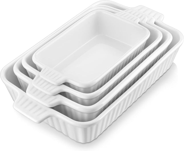Ceramic Casserole Dish Set of 4 – Rectangular Porcelain Baking Dishes with Handles, Oven-Safe Lasagna Pans for Baking, Roasting & Serving, White