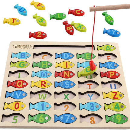 Magnetic Wooden Fishing Game Toy for Toddlers, Alphabet Fish Catching Counting Games Puzzle with Numbers and Letters, Preschool Learning ABC Math Educational Toys 3 4 5 Years Old Girl Boy Kids