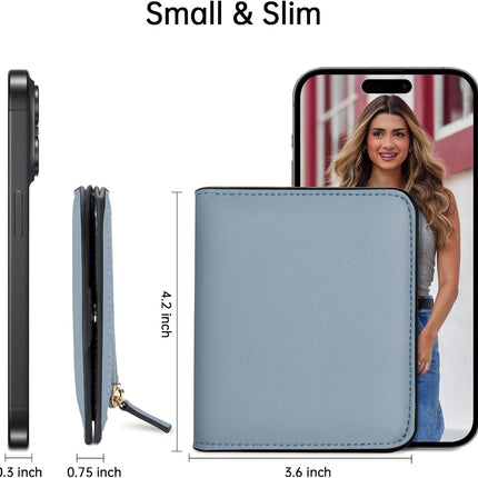 Women’S Small Slim Leather Wallet with RFID Protection, Compact Bifold Mini Purse with Clear ID Window