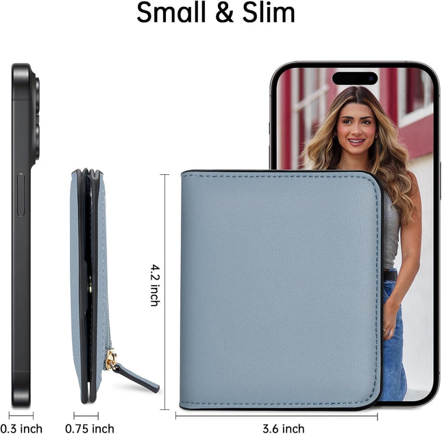Women’S Small Slim Leather Wallet with RFID Protection, Compact Bifold Mini Purse with Clear ID Window