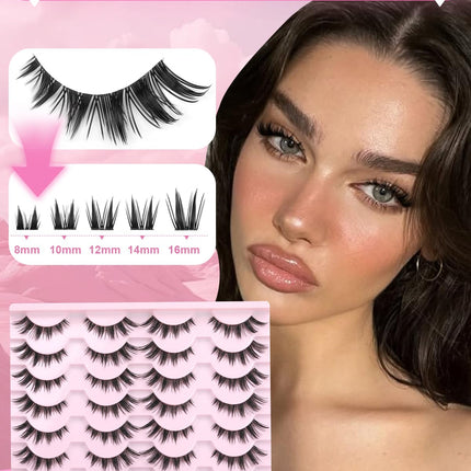 False Eyelashes Bunny Lashes Strips Spiky Eyelashes Natural Look Faux Mink Lashes C Curl 15Mm Wispy Manga Lashes Clear Band Soft Strip Eyelashes Pack for Goth Makeup, 14 Pairs