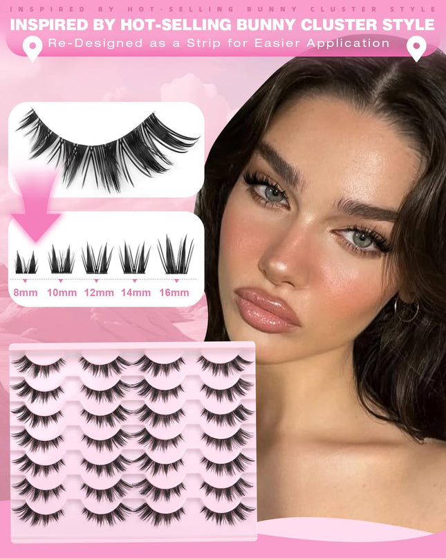 False Eyelashes Bunny Lashes Strips Spiky Eyelashes Natural Look Faux Mink Lashes C Curl 15Mm Wispy Manga Lashes Clear Band Soft Strip Eyelashes Pack for Goth Makeup, 14 Pairs