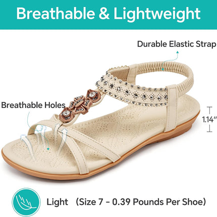 Womens Sandals Shoes Comfort Walking with Non Slip on Casual Summer 2026 Shoes Dress Ankle Elastic Jeweled Bohemian Flats Vacation Wedding