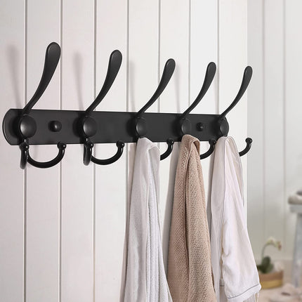 Coat Rack Wall Mounted - 5 Tri Hooks, Heavy Duty, Stainless Steel, Metal Coat Hook Rail for Coat Hat Towel Purse Robes Mudroom Bathroom Entryway (Black, 2 Packs)