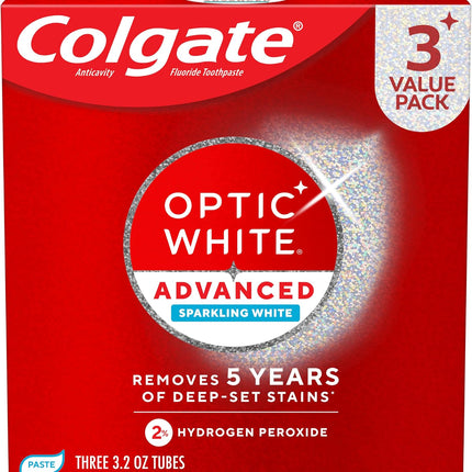 Optic White Advanced Hydrogen Peroxide Toothpaste, Teeth Whitening Toothpaste Pack, Enamel-Safe Formula, Helps Remove Tea, Coffee, and Wine Stains, Sparkling White, 3 Pack, 3.2 Oz