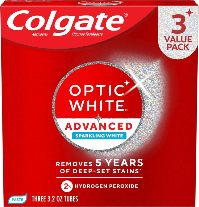 Optic White Advanced Hydrogen Peroxide Toothpaste, Teeth Whitening Toothpaste Pack, Enamel-Safe Formula, Helps Remove Tea, Coffee, and Wine Stains, Sparkling White, 3 Pack, 3.2 Oz